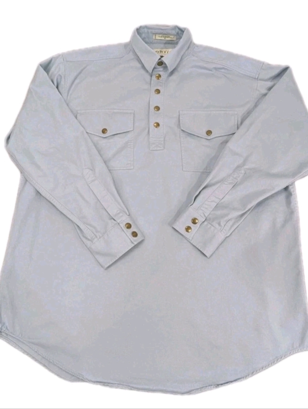 Orvis Malpai Vintage 90s Snap Pullover Safari Shirt XL Light Blue Cotton